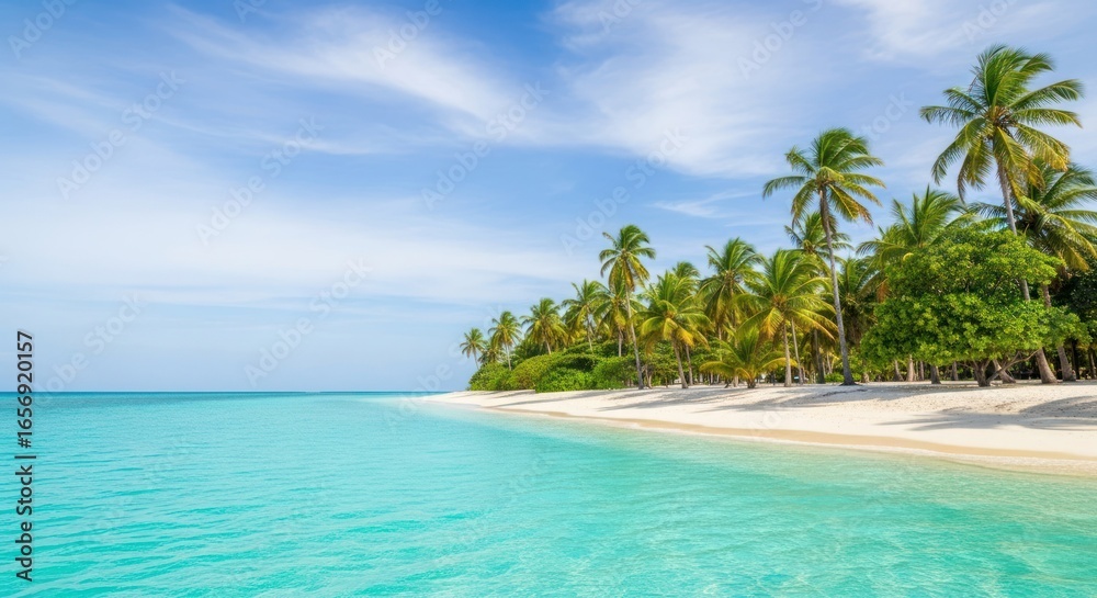 Fototapeta premium Pristine tropical beach with turquoise water and palm trees