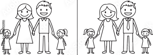 Simple line art drawings of two families with parents and two children holding hands
