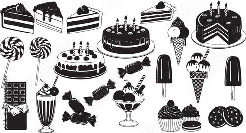 Assortment of sweet treats including cakes, ice cream, cookies, and candies in silhouette