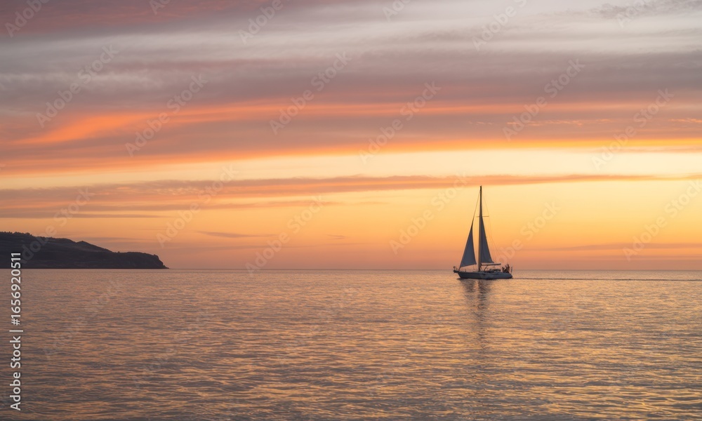 Fototapeta premium Sailboat at sunset over calm water