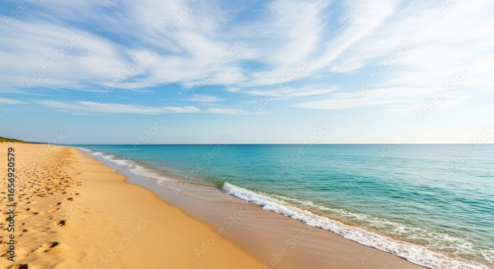 Fototapeta premium Sandy beach meets turquoise ocean under a partly cloudy sky