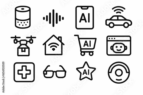 12 black icons of AI and data analytics, with neural networks, servers, algorithms, and visualization. Flat icons for websites and infographics.