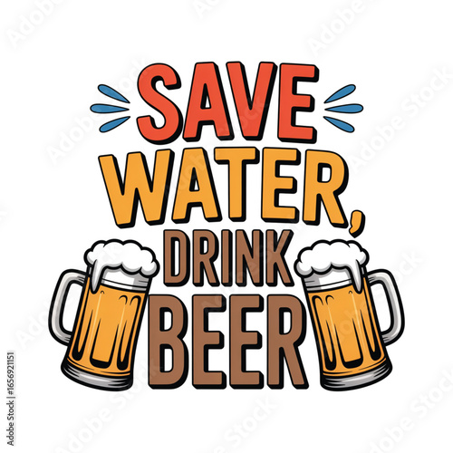Save water, drink beer—a funny quote with beer mugs
