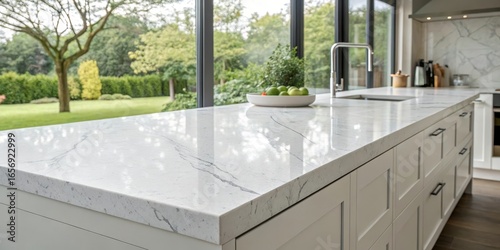 Marble Countertop Island with Green Garden View