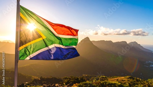 A vibrant South African flag waves proudly against a backdrop of mountainous landscape bathed in golden sunlight.