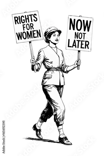 Vintage Feminist Protest Illustration, Vector – Woman Marching with Women’s Rights Signs. Black and white vintage illustration of a female activist marching with protest "Rights for Women" signs