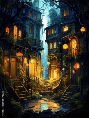 A whimsical alleyway illuminated by warm lights, surrounded by charming buildings and lush greenery.