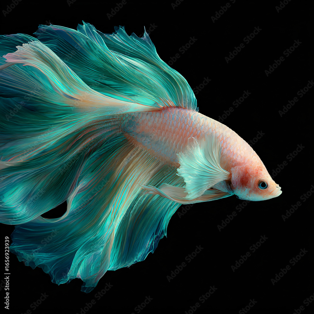 Fototapeta premium Betta Fish Underwater Closeup Detail Aquatic Creature Marine Habitat Vibrant Color Tropical Beauty Flowing Fins Nature Tropical Aquatic Graceful Stunning Majestic Exotic Pet Photography