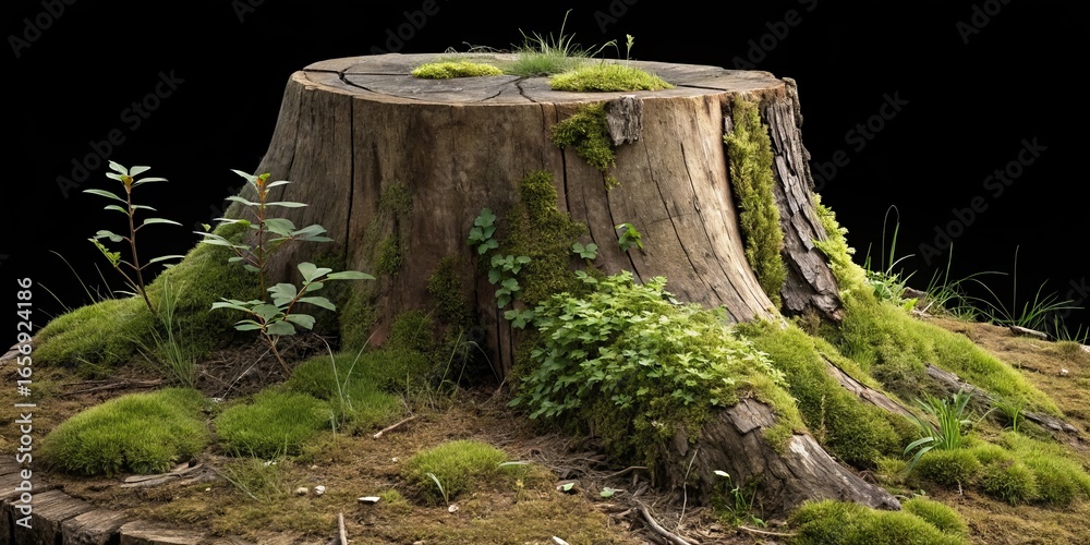 Fototapeta premium Mossy Tree Stump New Growth Against a Dark Backdrop