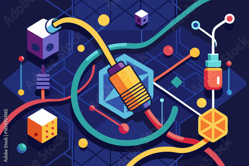 Vibrant abstract geometric network design with connecting cables and nodes, evoking modern technology, data flow, and digital innovation for dynamic business concepts.
