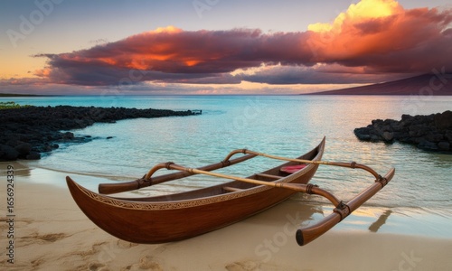 Wooden outrigger canoe on tropical beach at sunset