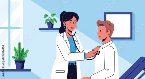Flat vector illustration of a female doctor examining a patient with a stethoscope in a clinic or hospital room. Ideal for medical checkups and healthcare
