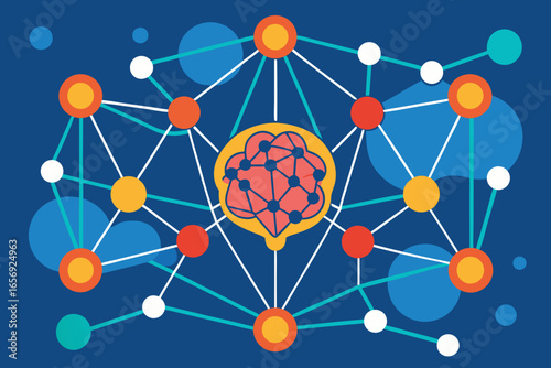 Vibrant neural network illustration with a stylized brain at its core, symbolizing connection, data flow, and complex systems in a modern, abstract design.