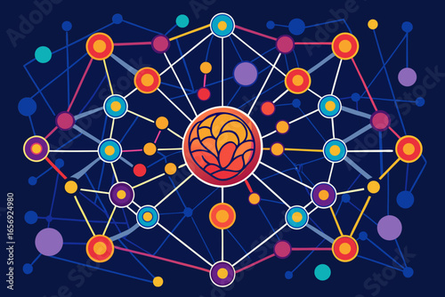 Dynamic interconnected network of colorful nodes and lines symbolizing innovation, data flow, and complex systems in a modern abstract design