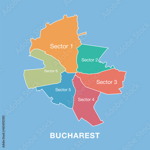 Colorful map of Bucharest, Romania with labeled administrative districts. Vector illustration isolated on blue background. Tourist infographic, detailed city plan, modern design.