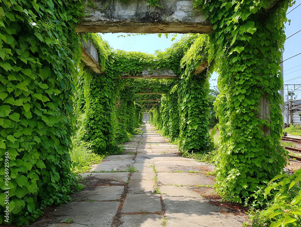 Obraz premium abandoned train station overgrown with ivy