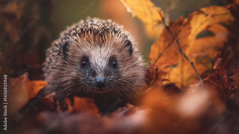 Fototapeta premium Close-up of a hedgehog amongst autumn leaves.