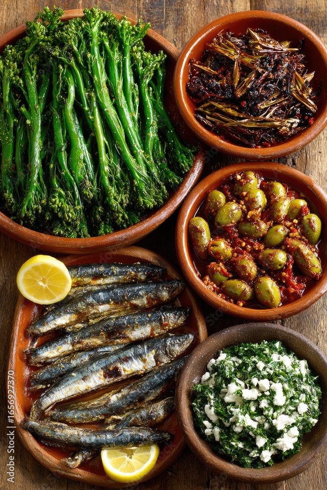 Fototapeta premium Mediterranean Feast with Fish and Greens