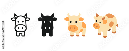 Evolution of cute cow icons: from outline to colorful 3d designs