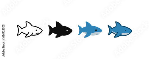 Cute shark icons in diverse styles for marine life designs and graphic projects