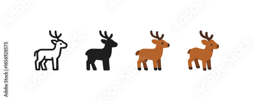 Set of deer icons in outline, silhouette, and flat color styles