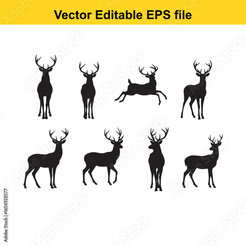 Collection of deer silhouettes isolated on white background