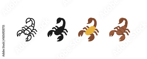 Scorpion icons: minimalistic silhouette, flat, and color variants