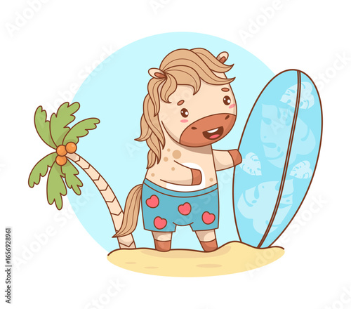 Cute Summer Horse Surfer with Board. Funny Animal Pony kawaii Beachgoer character on sandy seashore with palm tree. Vector illustration. Not AI