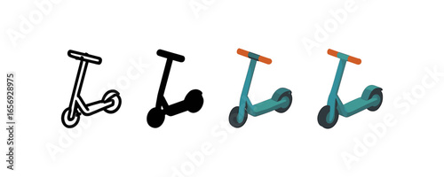 Electric scooter evolution: outline, silhouette, isometric, flat style