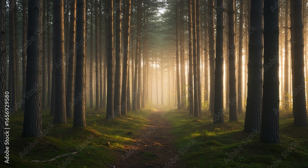 Obraz premium Stunning path through serene forest with magical light, perfect for nature lovers and peaceful escapes