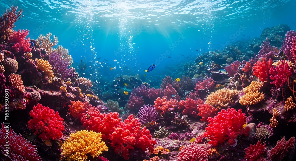 Fototapeta premium Explore the vibrant coral reef ecosystem with colorful fish and marine life swimming in crystal blue waters