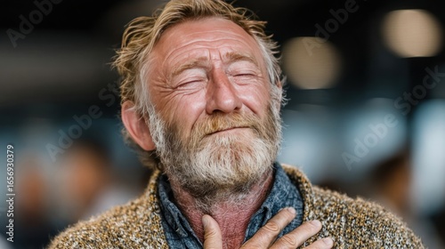 Senior businessman with closed eyes and hand on heart expressing gratitude in a bright office