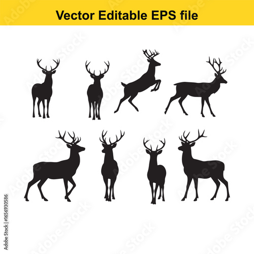 Collection of deer silhouettes isolated on white background