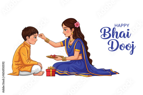 Sister applies tilak to brother on bhai dooj festival celebrating sibling bond and love. editable abstract vector illustration design. beautiful Bhai dooj festival.