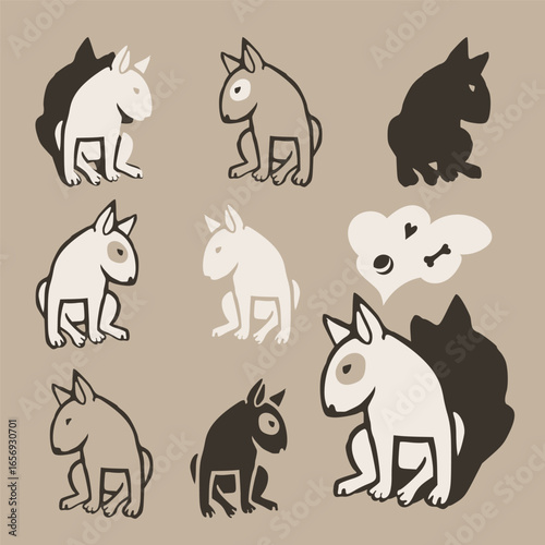 Bull terrier pattern with different variants: silhouette, outline, filled. Beige background with design elements.