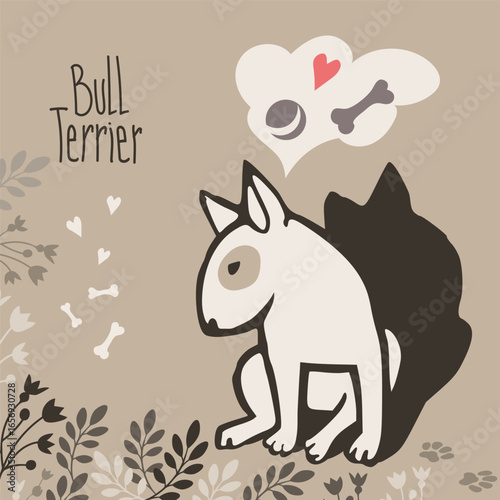 Funny bull terrier in primitive flat style sitting awkwardly. Beige background with bones, hearts, and branches.