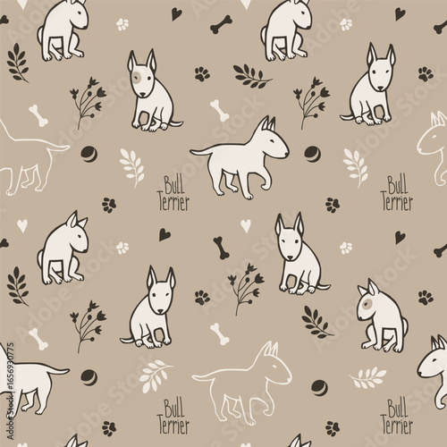Seamless pattern with white and beige bull terriers on dark background. Primitive style with paws and leaves.