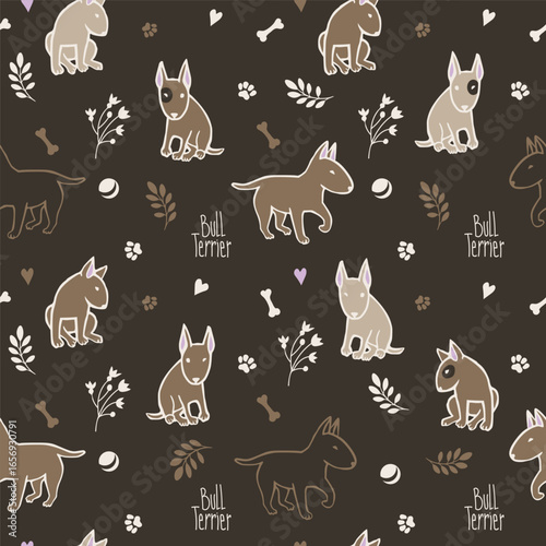 Seamless pattern with white and beige bull terriers on dark background. Primitive style with paws and leaves.