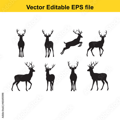 Collection of deer silhouettes isolated on white background