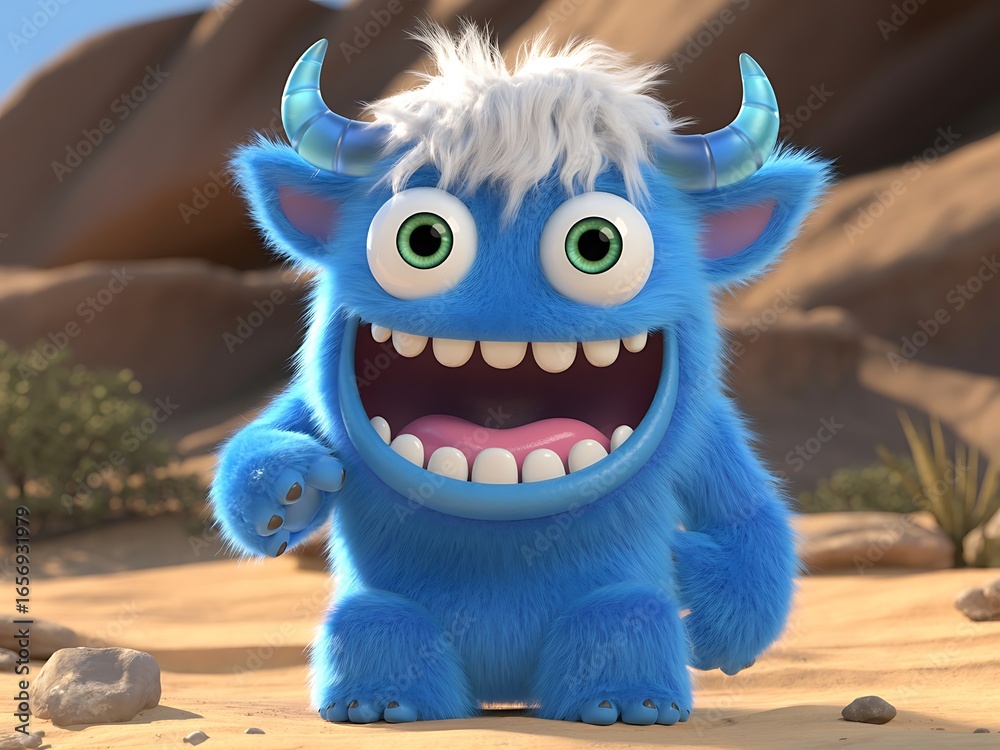 Naklejka premium Adorable Blue Cartoon Monster with Big Smile Standing in Desert Landscape Digital Illustration