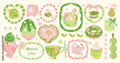 Matcha Dessert Illustration Set, Japanese Sweets - Green Tea , Macaron, Ice Cream, Pudding, Dango, Bingsu, Vector Illustration,Coquette matcha hand drawn green tea, Retro Decorations Whimsical matcha 