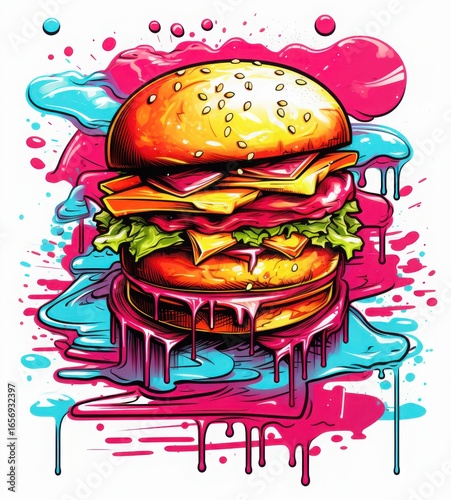 A vibrant and artistic illustration of a delicious burger with colorful splashes in the background.