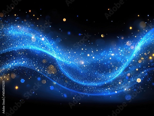 Abstract blue waves filled with particles and bokeh on black background. Perfect for festive backdrops or technology themed presentations.