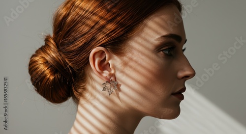 Red-haired woman with make-up, portrait side view, wearing earrings in shape of maple leaf. Neutral background with sun rays. Symbolic accessories of autumn or fall and Canada Day jewelry