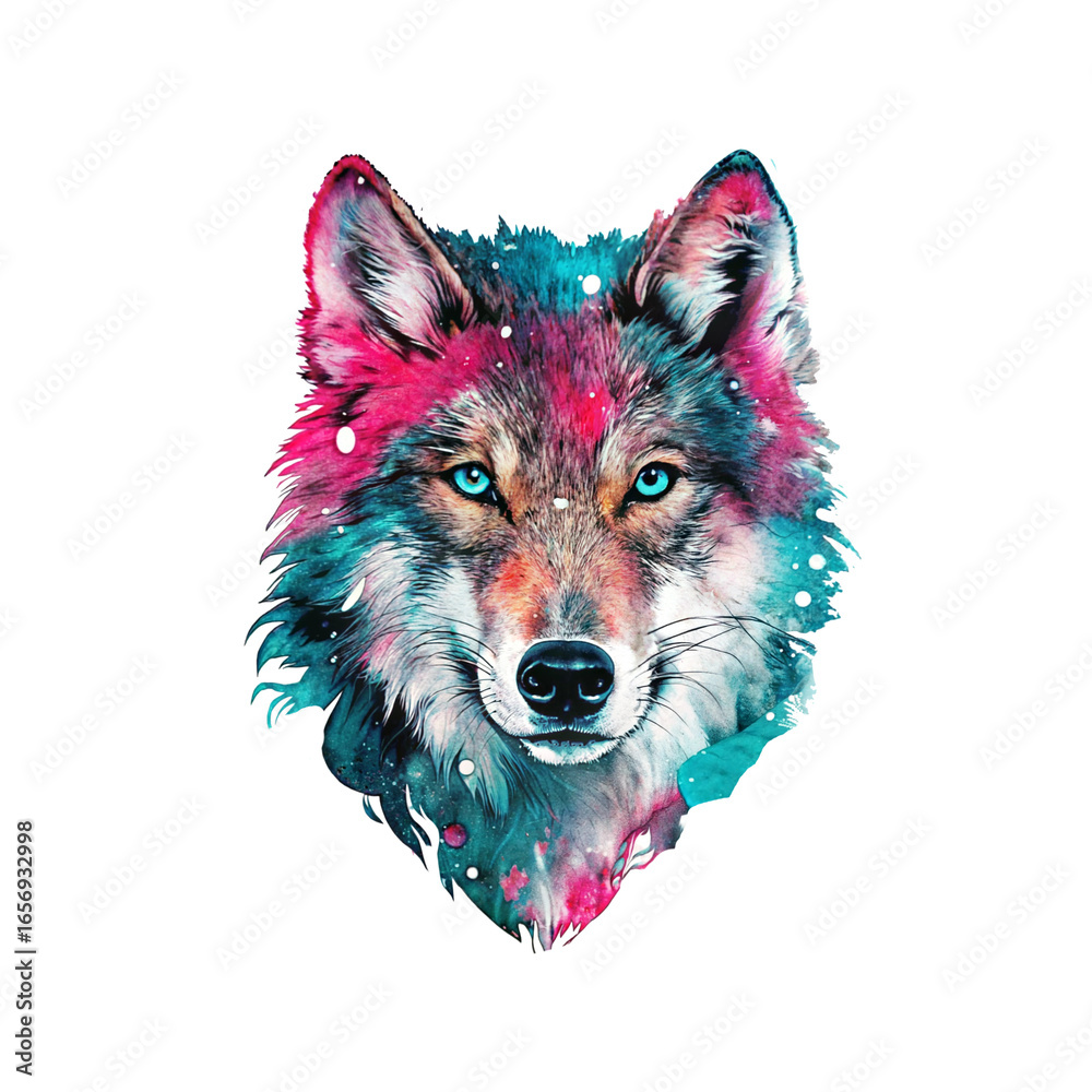 Naklejka premium Watercolor Wolf Portrait with Vibrant Colors and Stardust Details on Trensprent Background png