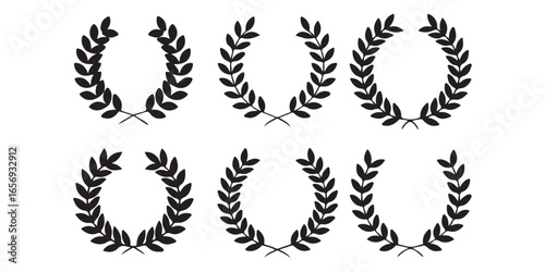 A set of six laurel wreath illustrations in black silhouette on a plain white background design element