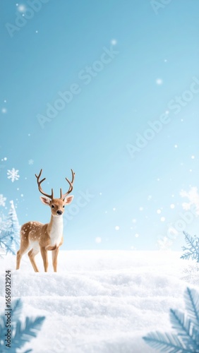A deer in a winter wonderland with falling snow and snowflakes in the clear blue sky. A festive, eye-catching composition with a winter animal theme
