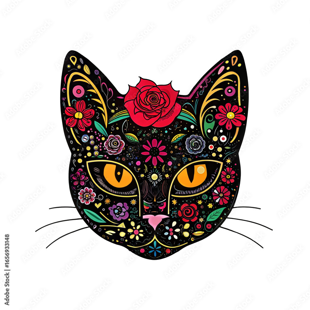 Naklejka premium Elegant floral sugar skull style cat head in vivid festive colors