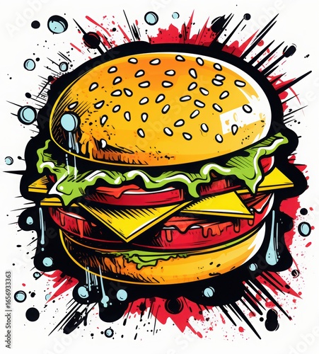 A vibrant and artistic illustration of a delicious burger with layers of cheese, lettuce, and tomato, set against a dynamic background.