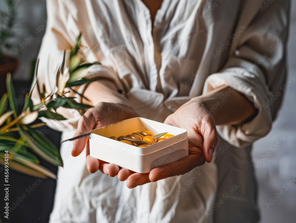 Obraz premium Female figure presents a white container filled with golden capsules, surrounded by lush green foliage, emphasizing health and wellness in a calm and inviting atmosphere